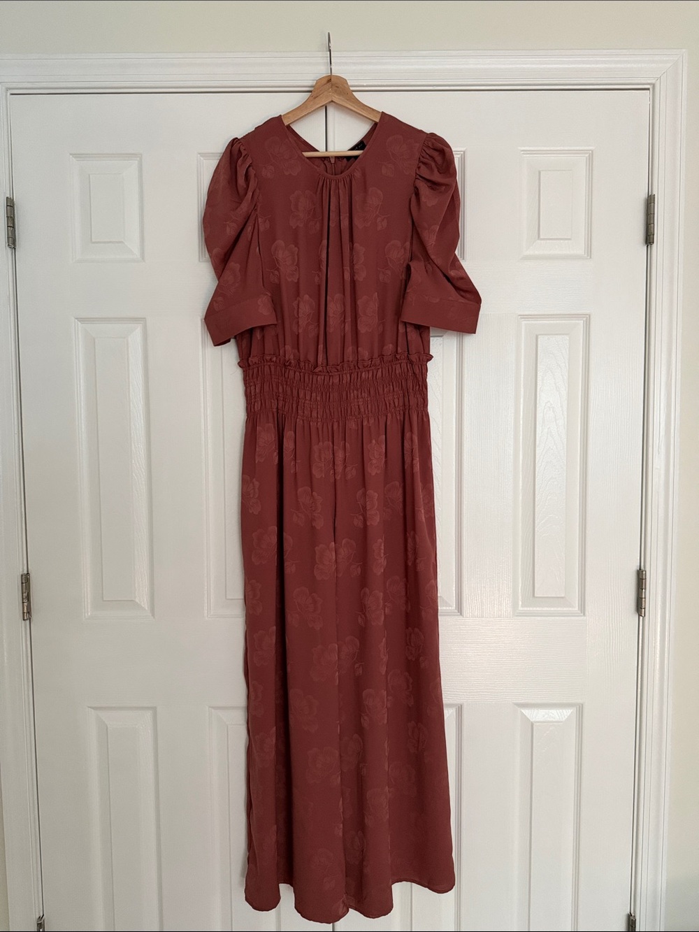 Anthropologie Mauve Floral Maxi Jumpsuit / Romper with Smocked Waist